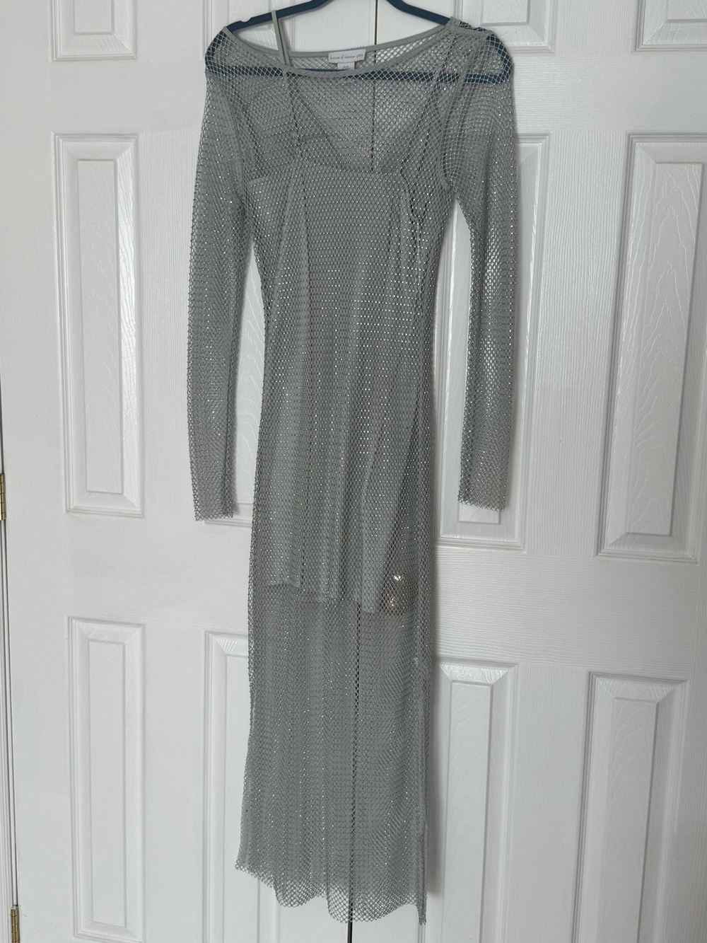 House of Harlow 1960 Silver Sheer Mesh Long Sleeve Maxi Dress